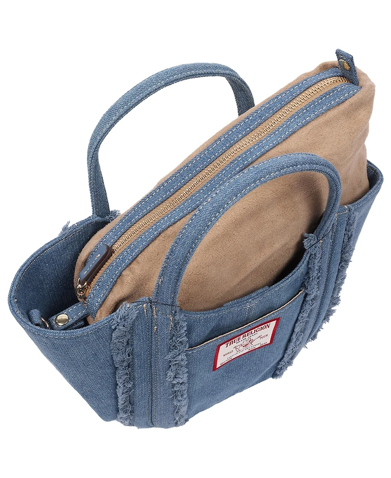 True Religion Atlas Frayed Medium Tote Bag – Denim Carryall with Removable Crossbody Strap