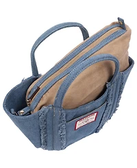 True Religion Atlas Frayed Medium Tote Bag – Denim Carryall with Removable Crossbody Strap
