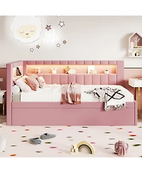 Rainsken Upholstered Daybed with Trundle, Built-in Usb Ports and Led, L-Shaped Day Bed