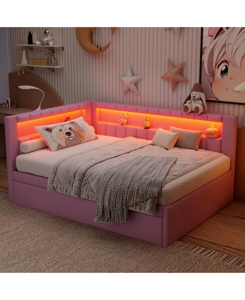 Rainsken Upholstered Daybed with Trundle, Built-in Usb Ports and Led, L-Shaped Day Bed, for Bedroom Living Room