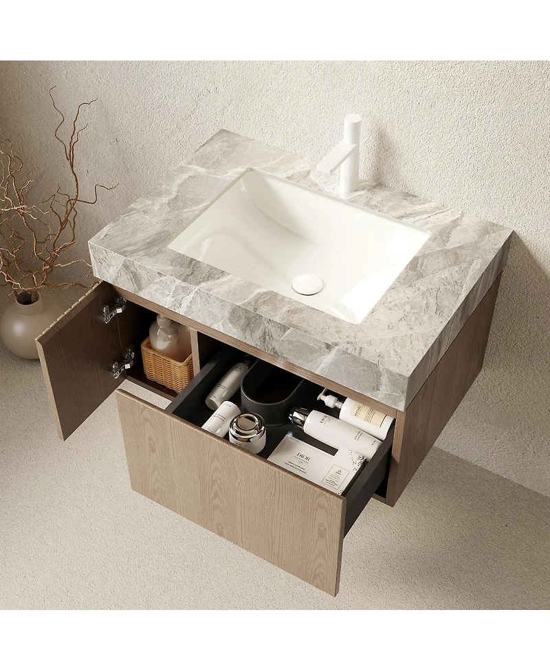 Sillysis Inch Italian Wall Mount Bathroom Vanity with Sintered Stone Countertop, Ceramic Sink, Soft Close Cabinet
