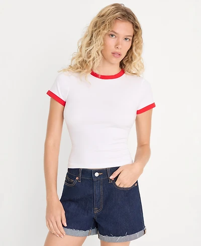 Good American Women's Cotton-Blend Super Stretch Baby Ringer T-Shirt, Created for Macy's