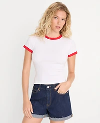 Good American Women's Cotton-Blend Super Stretch Baby Ringer T-Shirt, Created for Macy's