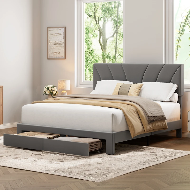 Homfan Velvet Bed Frame with 2 Storage Drawers - Adjustable Headboard, Platform Wooden Slats, No Box Spring Needed, Easy Assembly