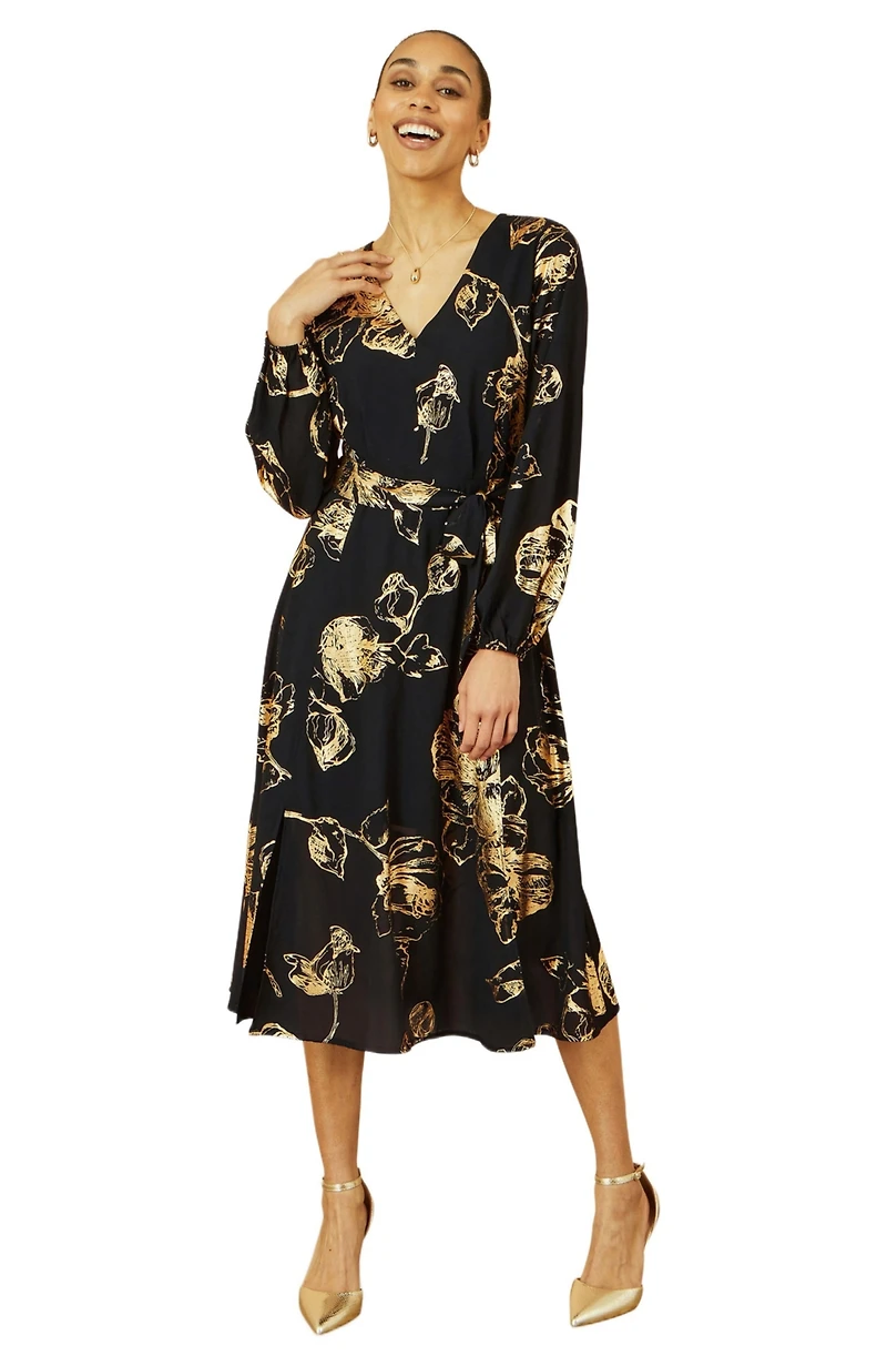 Yumi Women's Foil Rose Print Midi Dress