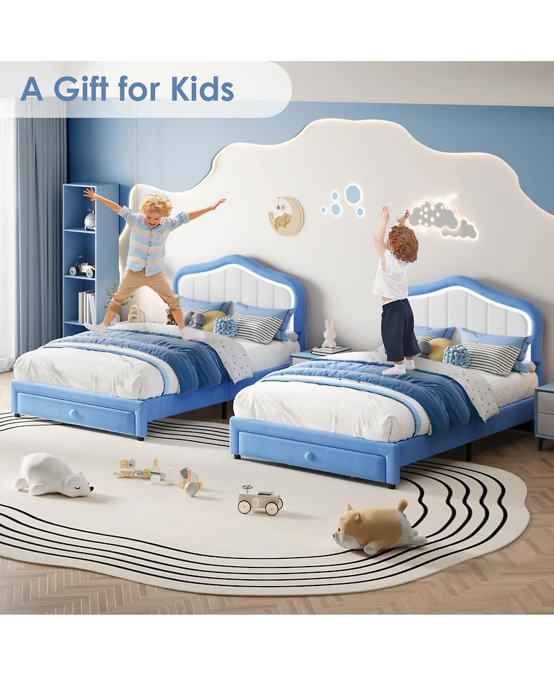 Homfan Upholstered Bed Frame with Storage Drawer and Led Headboard, Wood Slats