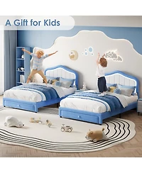 Homfan Upholstered Bed Frame with Storage Drawer and Led Headboard, Wood Slats