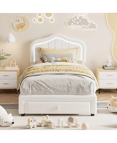 Homfan Upholstered Bed Frame with Storage Drawer and Led Headboard, Wood Slats