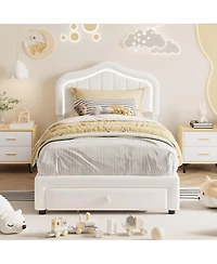 Homfan Upholstered Bed Frame with Storage Drawer and Led Headboard, Wood Slats