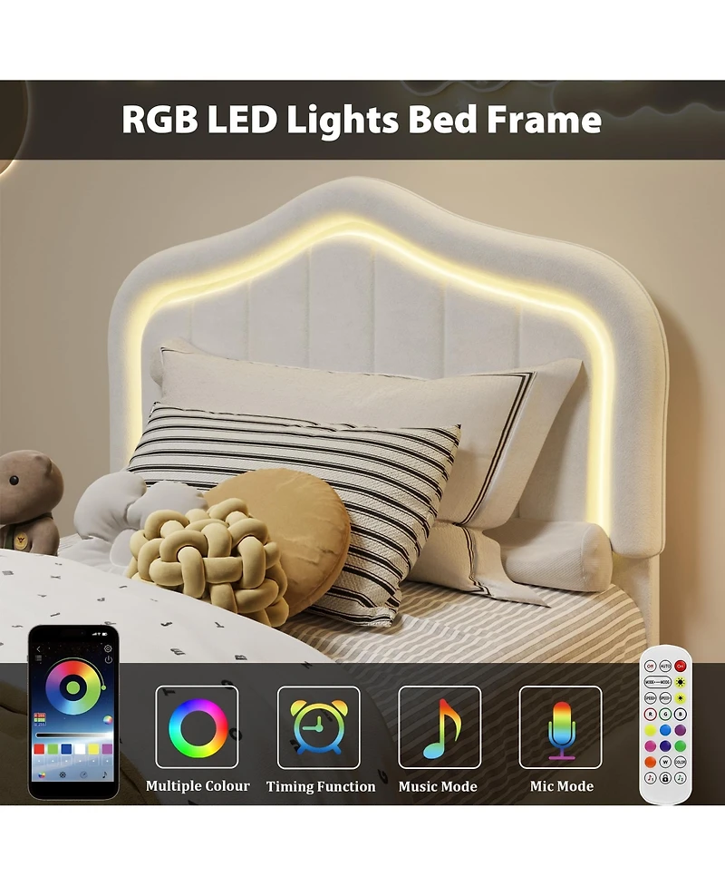 Homfan Upholstered Bed Frame with Storage Drawer and Led Headboard, Wood Slats