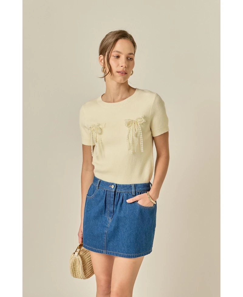 English Factory Women's Short Sleeve Knit Top with Bow Detail