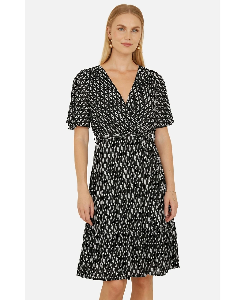 Yumi Women's Short Sleeve Tie Waist Midi Skater Dress