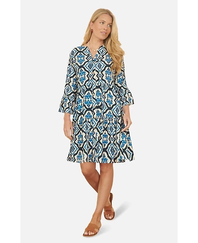 Yumi Women's Ikat Print 3/4 Sleeve Tunic Dress