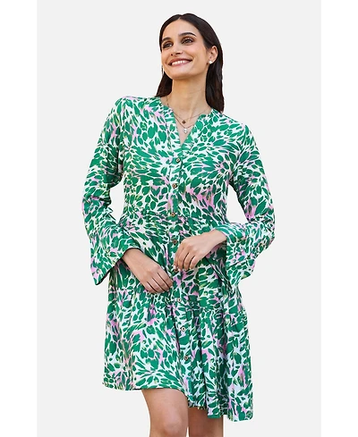 Yumi Women's Ikat Print 3/4 Sleeve Tunic Dress