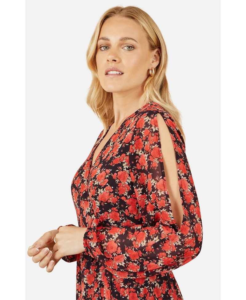 Yumi Women's Rose Print Dipped Hemline Midi Dress