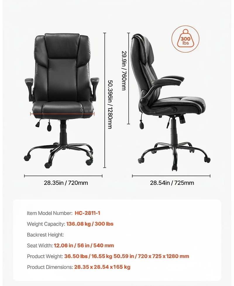 Gouun Ergonomic Executive Chair with Flip-Up Arms and Lumbar Pillow, 300 lb Capacity, Pu Leather