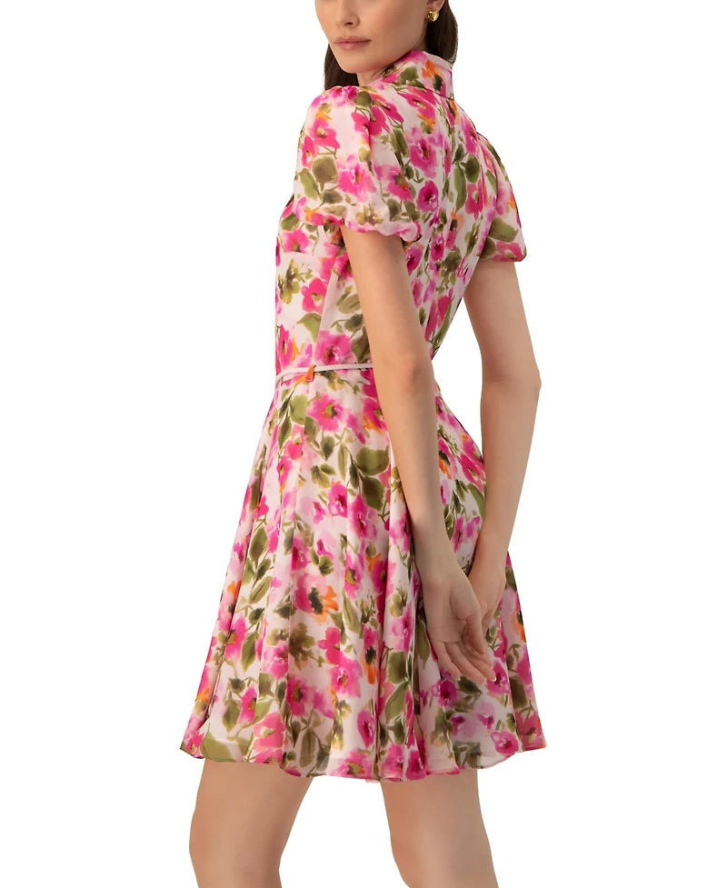 Ivonne Women's Short Floral Shirt Dress with Waist Tie