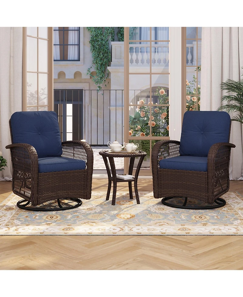 Aoxun Indoor Swivel Glider Chair 3 Piece Set Wicker Rattan Living Room Furniture with Glass Top Side Table
