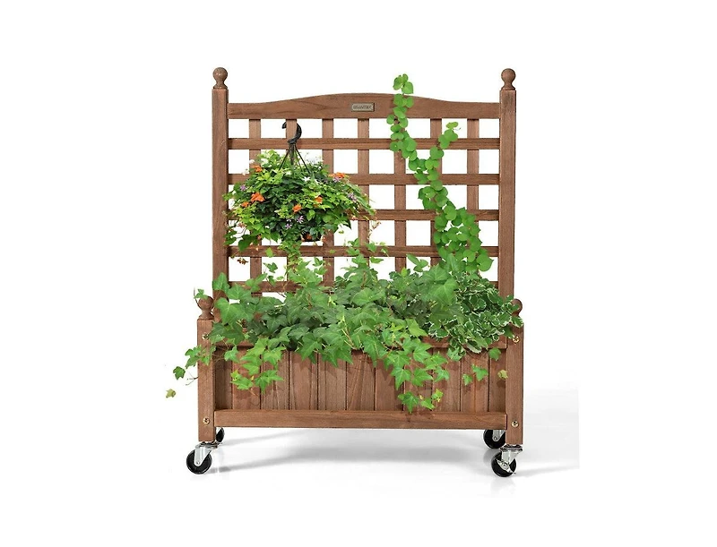 Lucky One 32 Inch Wooden Planter Box with Trellis and Wheels, Raised Garden Bed