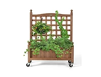 Lucky One 32 Inch Wooden Planter Box with Trellis and Wheels, Raised Garden Bed