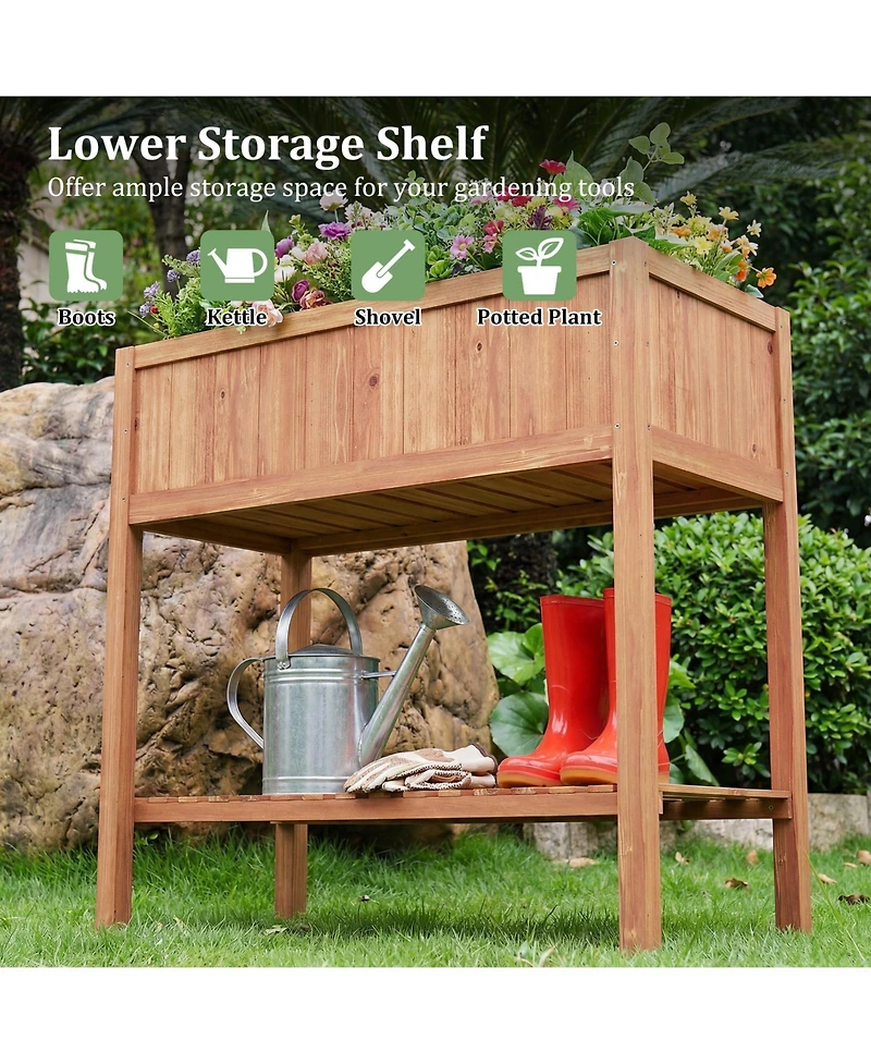 Gymax Wooden Raised Garden Bed w/ Legs Liner Storage Shelf Large Planter Box for Herb