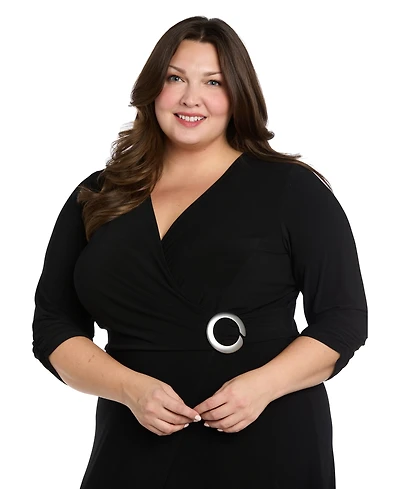 R & M Richards Plus V-Neck Side Ring Midi Dress