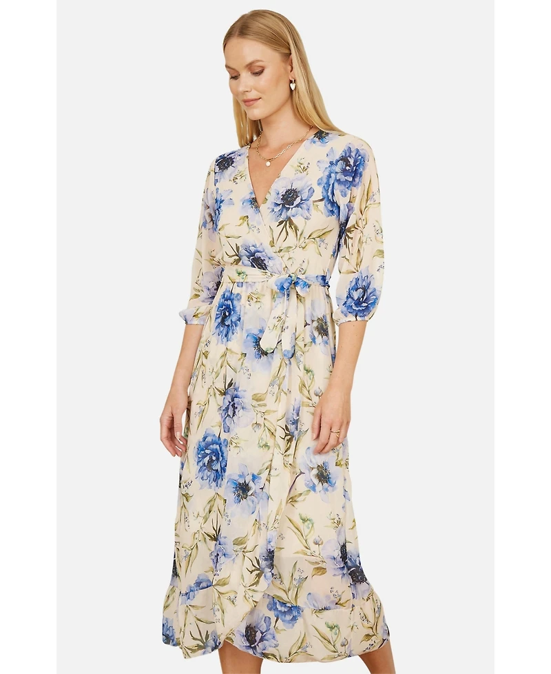 Yumi Women's 3/4 Sleeve V-Neck Wrap Midi Dress