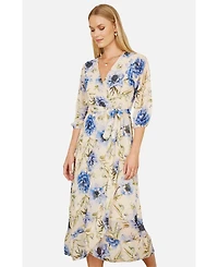 Yumi Women's 3/4 Sleeve V-Neck Wrap Midi Dress