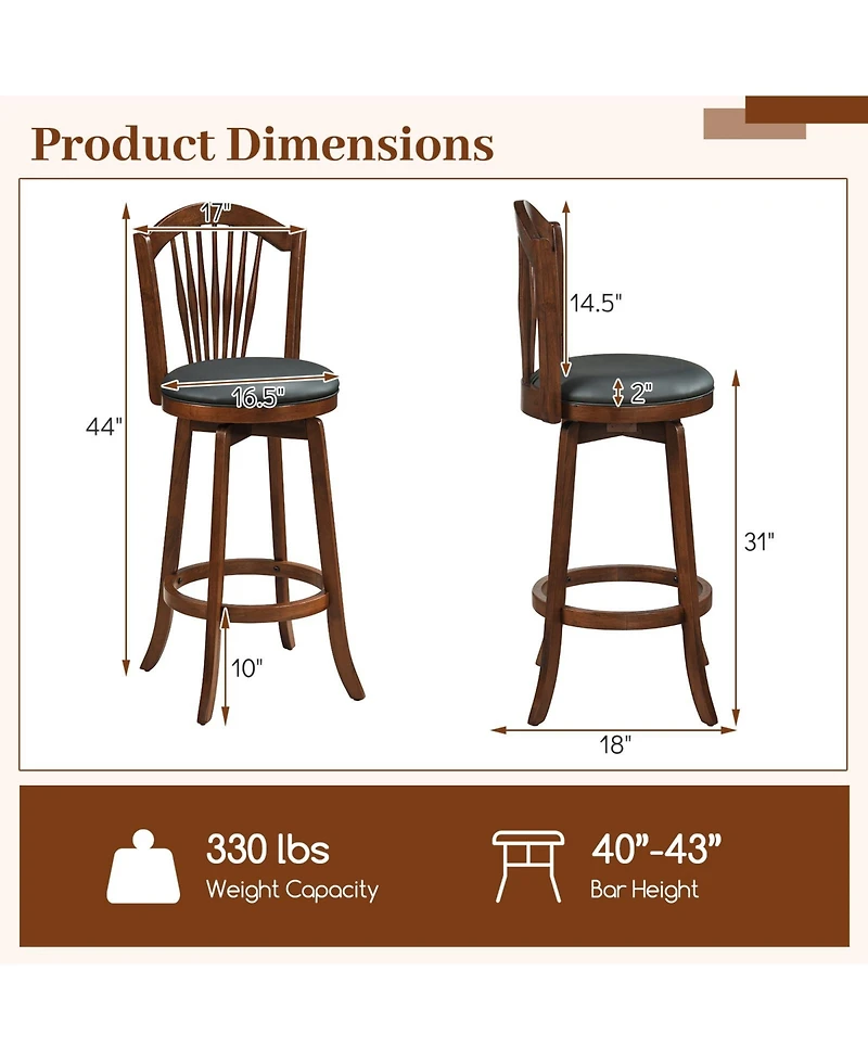 Slickblue Set of 2 Swivel Bar Stools with Back Support, Wooden Frame Seating for Kitchen Island