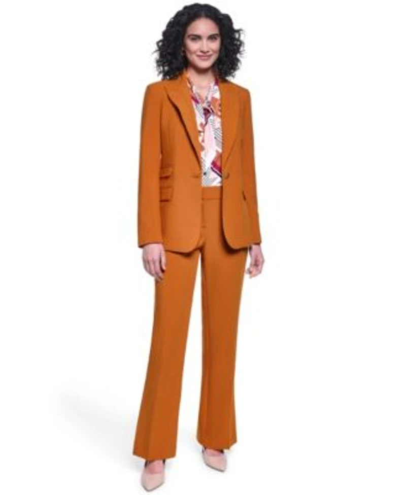 Karl Lagerfeld Paris Womens Notch Lapel Woven Blazer Sleeveless Printed Tie Neck Blouse Full Length Mid Rise Flare Pants