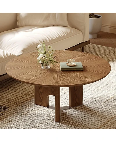 The Pop Home Round Wood Veneer Coffee Table, Rustic Modern Living Room Table