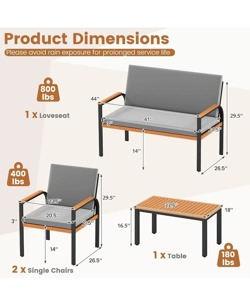 Costway 4 Piece Patio Furniture Set with Coffee Table, Loveseat & 2 Single Chairs for Porch