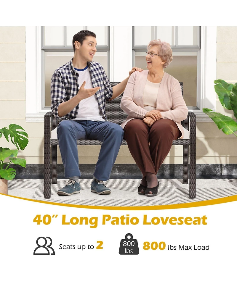 Sugift Wicker 2-Seat Bench with Soft Seat Cushion and Metal Frame