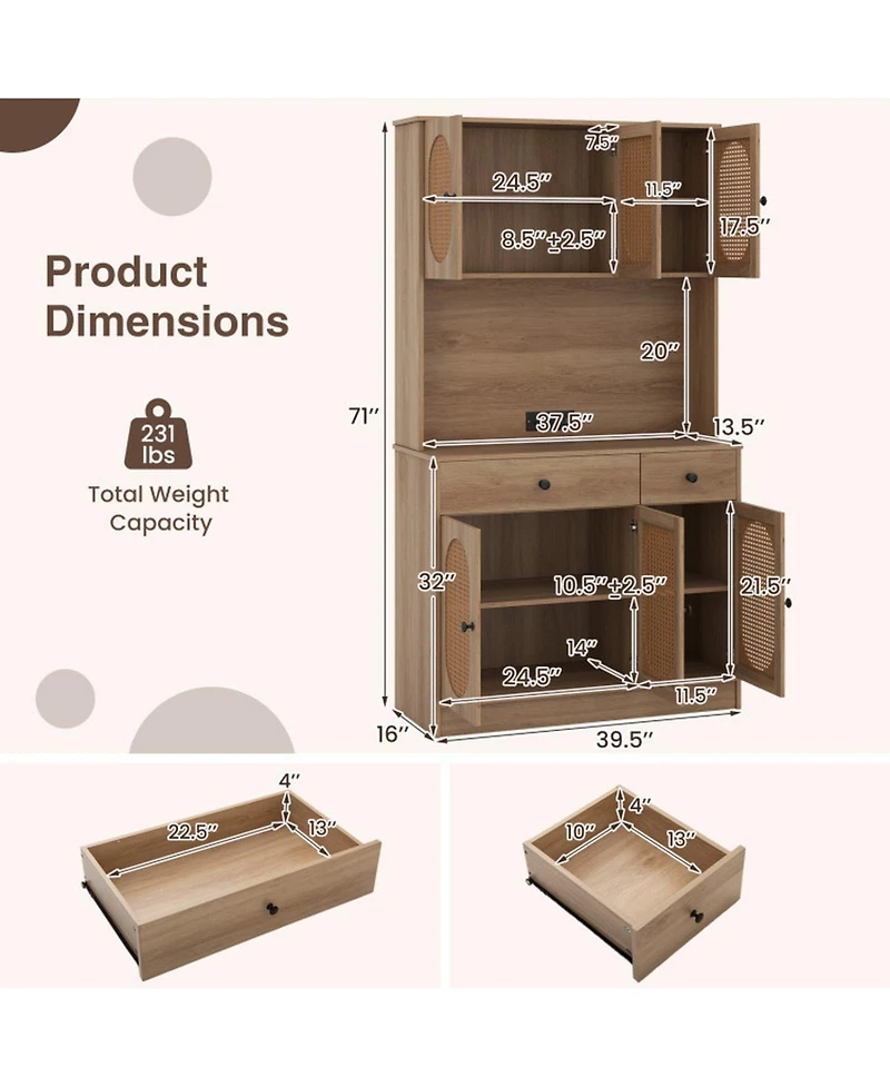 Gouun 71 in Pantry Cabinet with Pe Rattan Doors, Hutch and Built-In Charging Station
