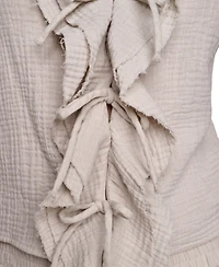 Dkny Jeans Women's V-Neck Short Puff Sleeve Tie-Front Shirt