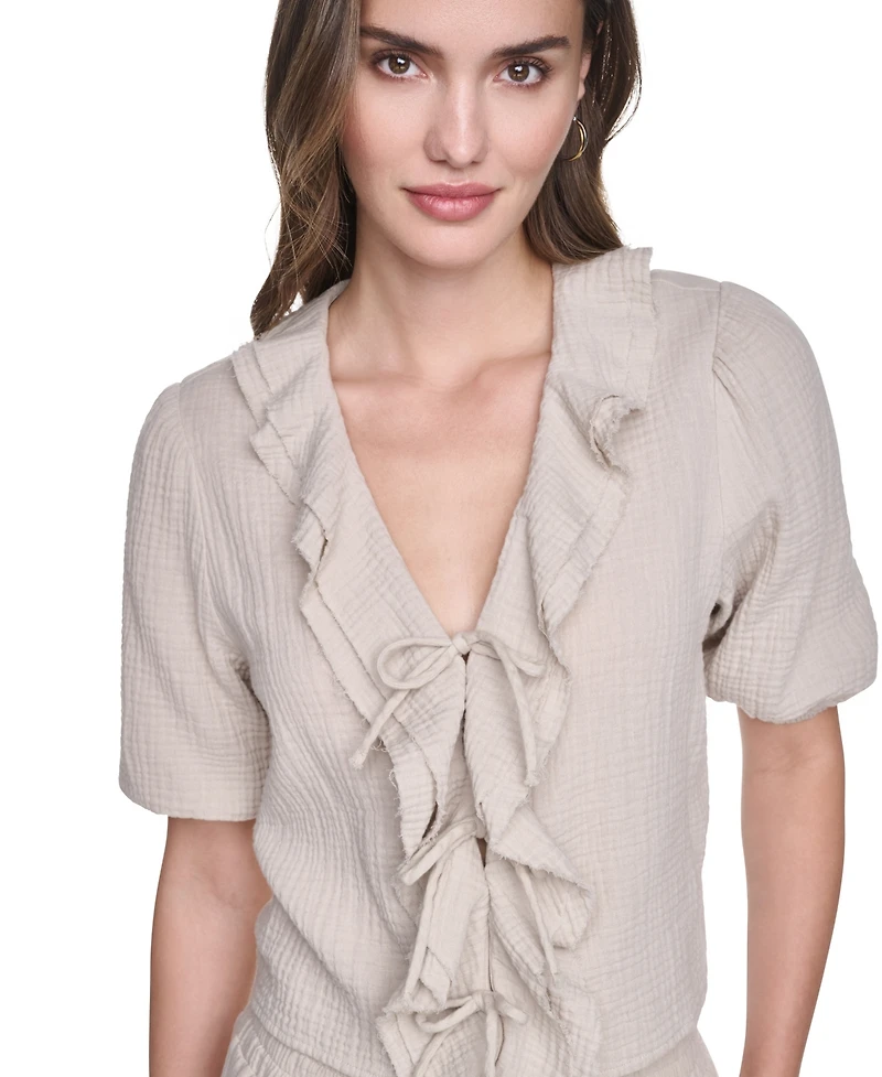 Dkny Jeans Women's V-Neck Short Puff Sleeve Tie-Front Shirt