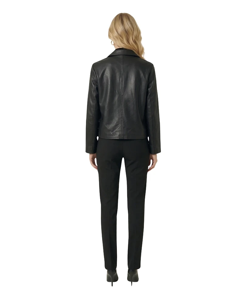 Modenaire Women's Leather Button-Front Collared Jacket