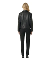 Modenaire Women's Leather Button-Front Collared Jacket