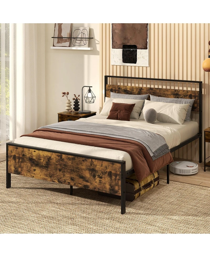 Slickblue Metal Platform Bed Frame with Wooden Headboard, Industrial Style Bedroom Furniture