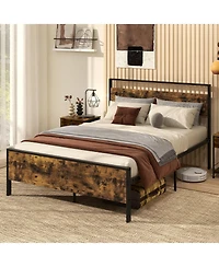 Slickblue Metal Platform Bed Frame with Wooden Headboard, Industrial Style Bedroom Furniture