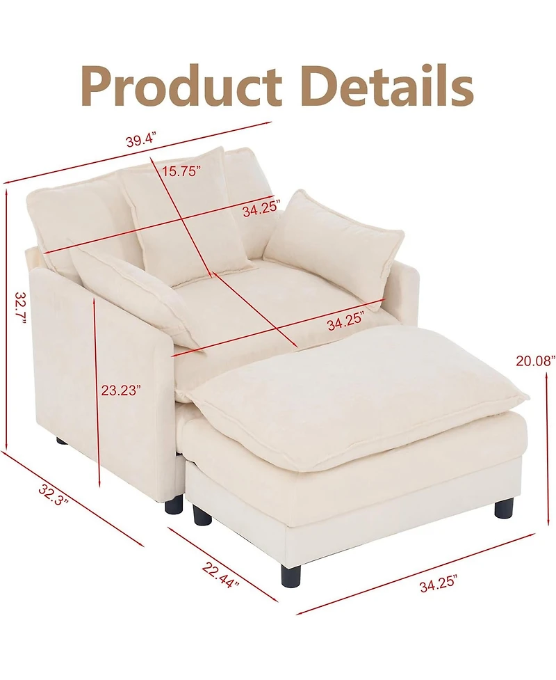 Rainsken Oversized Armchair with Ottoman, 39.4" Modern Accent Chair, Chenille Upholstered Reading 350 lbs Capacity for Living Room