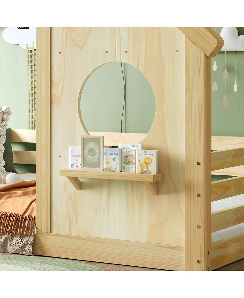 Streamdale Furniture Wood Floor Bed with House Frame and Shelf