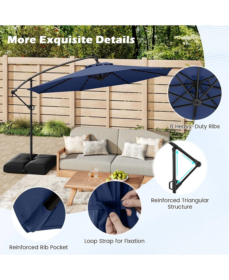 Gymax 10 Ft Solar Offset Hanging Umbrella Patio Cantilever Umbrella w/ 32 Led Lights Outdoor