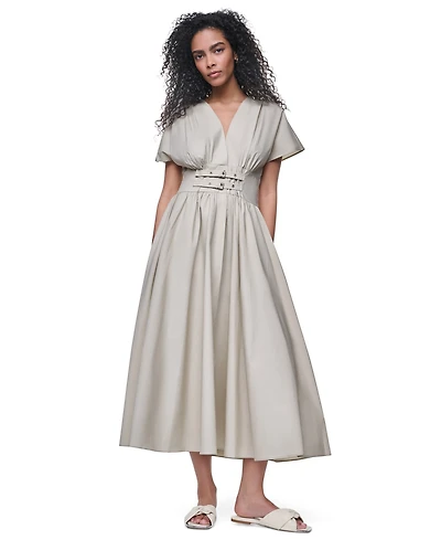 Dkny Jeans Women's Poplin Smocked-Waist V-Neck Midi Dress