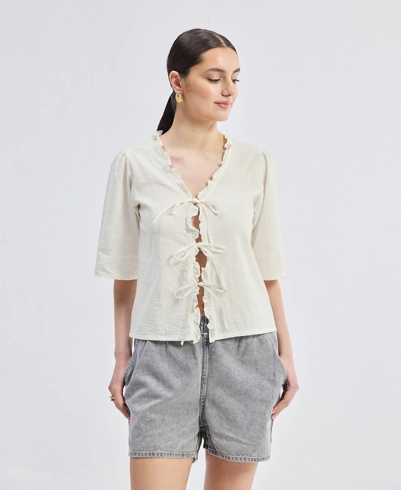 Reistor Women's Relaxed Fit Top With Ruffles and Front-Ties Cream