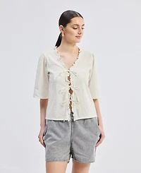 Reistor Women's Relaxed Fit Top With Ruffles and Front-Ties Cream