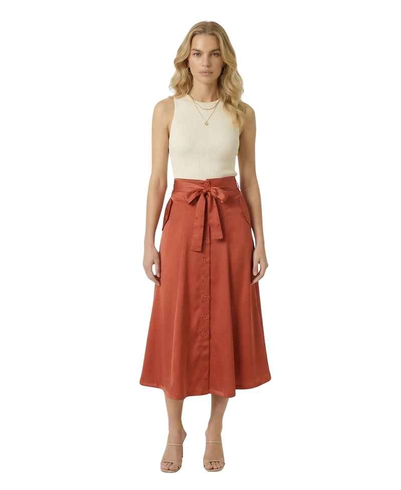 Modenaire Women's Button-Front Waist-Tie Midi Skirt