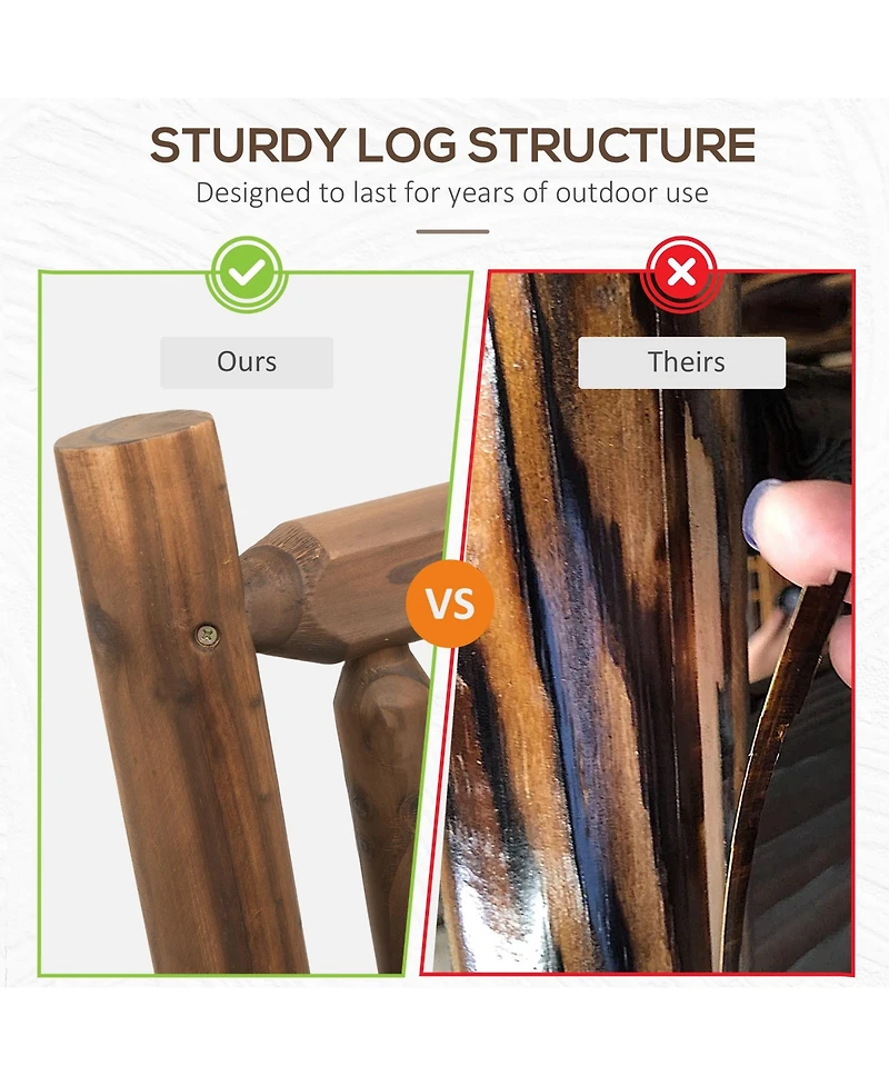 Out sunny 2-Person Wood Rocking Chair with Log Design, Heavy Duty Loveseat with Wide Curved Seats for Patio, Backyard, Garden, Walnut