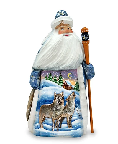 G.DeBrekht Woodcarved and Hand Painted Santa Wolf and Bird Figurine