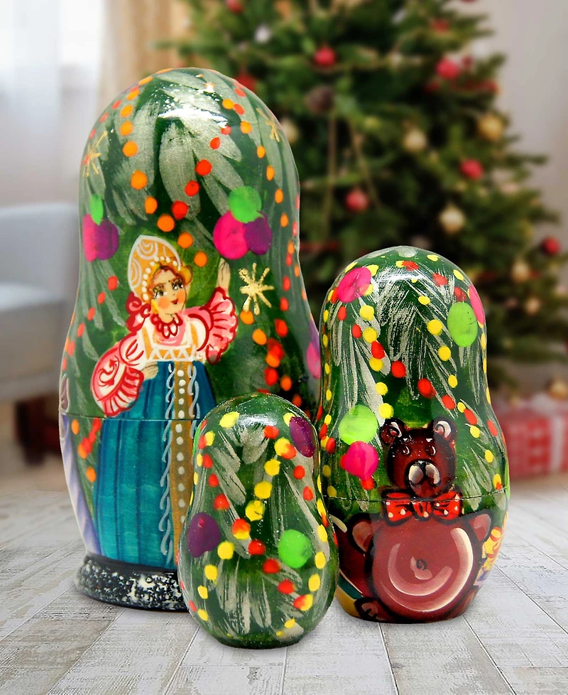 G.DeBrekht Christmas Tree and Snowmaiden 3-Piece Russian Matryoshka Nested Dolls Set